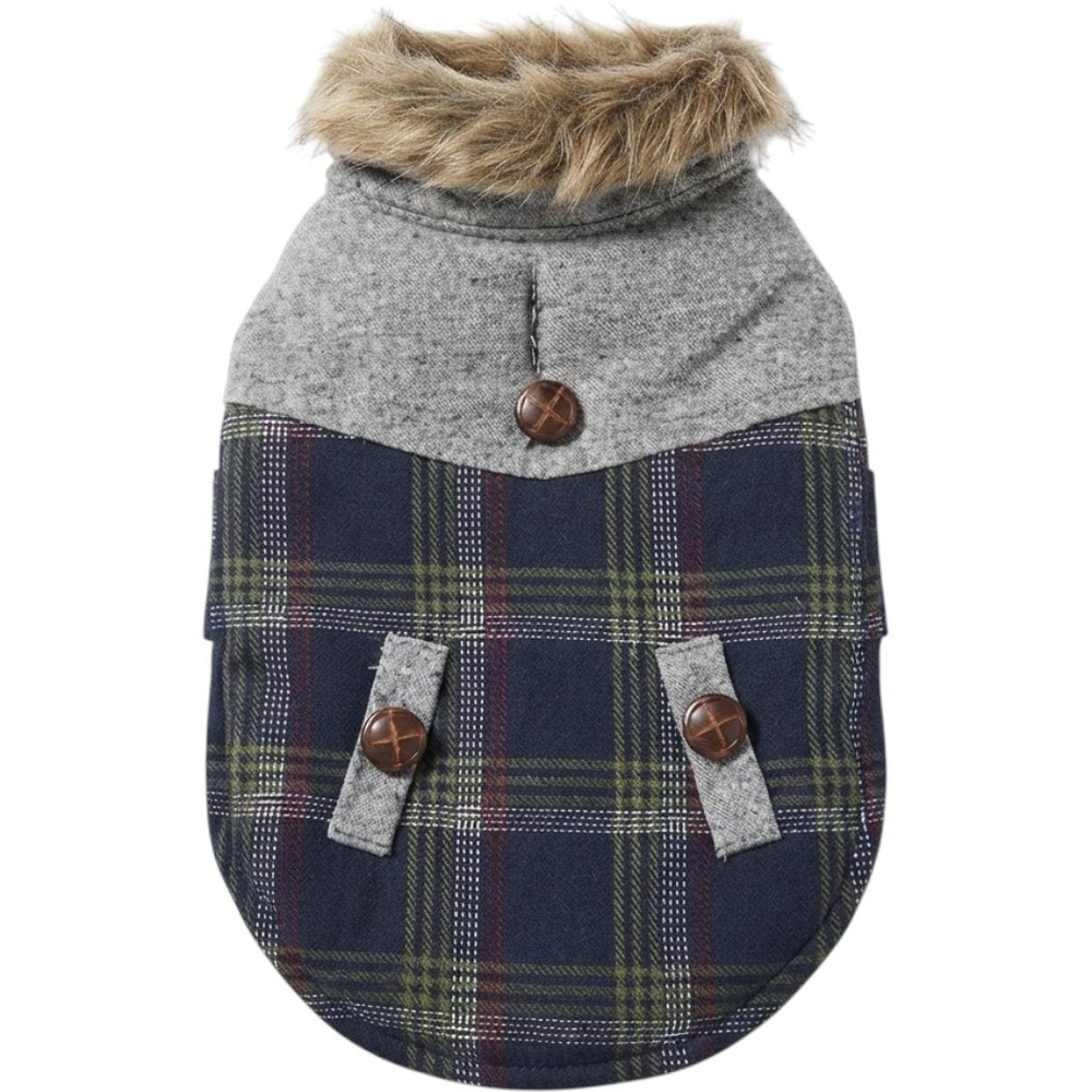 Plaid Dog Coat Faux Fur Trim Vest Navy Blue Green Grey XS 86123-0003